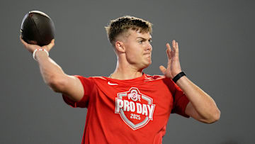 Ohio State Buckeyes quarterback Will Howard throws during the pro day for NFL scouts.