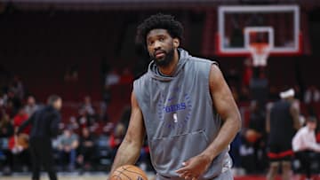 Dec 8, 2024; Chicago, Illinois, USA; Philadelphia 76ers center Joel Embiid (21) warms up before a basketball game against the Chicago Bulls at United Center. Mandatory Credit: Kamil Krzaczynski-Imagn Images