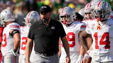 Ohio State Buckeyes head coach Ryan Day leads warmups for the CFP quarterfinal against the Oregon Ducks on Jan. 1, 2025.