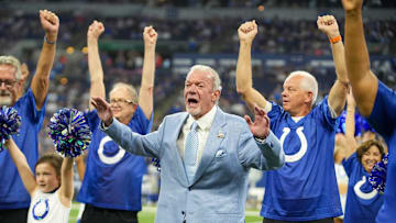 Jim Irsay, Colts owner, participates in a special grandparents event on a halftime performance by Colts Junior Cheer.