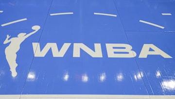 WNBA logo is seen on the court before a basketball game between the Chicago Sky and Minnesota Lynx.