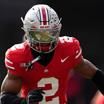 Ohio State Buckeyes defensive back Caleb Downs (2) warms up during the NCAA football game against the Penn State Nittany Lions at Ohio Stadium in Columbus on Nov. 1, 2025.