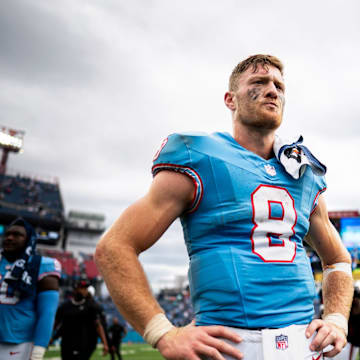 Tennessee Titans quarterback Will Levis (8) celebrates on the field after defeating the Atlanta Falcons at Nissan Stadium in Nashville, Tenn., Sunday, Oct. 29, 2023.