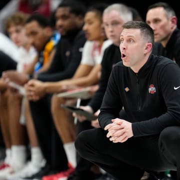 Mar 26, 2024; Columbus, OH, USA; Ohio State Buckeyes head coach Jake Diebler yells from the bench during the first half of the NIT quarterfinals against the Georgia Bulldogs at Value City Arena. Ohio State lost 79-77.