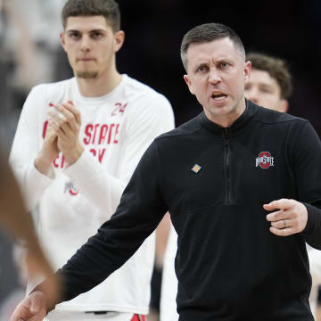 Mar 26, 2024; Columbus, OH, USA; Ohio State Buckeyes head coach Jake Diebler yells to his team during the first half of the NIT quarterfinals against the Georgia Bulldogs at Value City Arena.