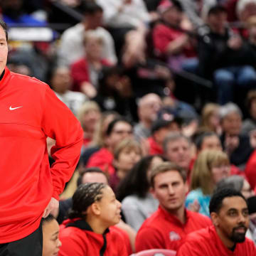 Feb 14, 2024; Columbus, Ohio, USA; Ohio State Buckeyes head coach Kevin McGuff watches during the second half of the NCAA women   s basketball game against the Nebraska Cornhuskers at Value City Arena. Ohio State won 80-47.