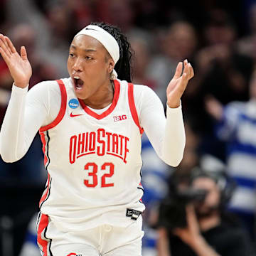 Mar 24, 2024; Columbus, OH, USA; Ohio State Buckeyes forward Cotie McMahon (32) reacts during the second half of the women’s NCAA Tournament second round against the Duke Blue Devils at Value City Arena. Ohio State lost 75-63.