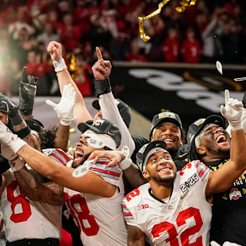 Ohio State Buckeyes celebrate their 34-23 win over Notre Dame Fighting Irish to win the College Football Playoff National Championship at Mercedes-Benz Stadium in Atlanta on January 20, 2025.