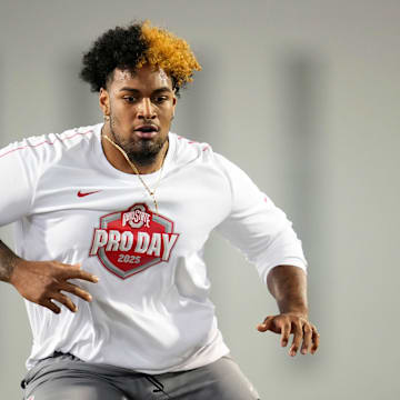 Ohio State Buckeyes offensive lineman Josh Simmons works out during the pro day for NFL scouts at the Woody Hayes Athletic Cente on March 26, 2025.