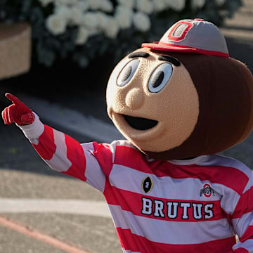 Ohio State Buckeyes mascot Brutus leads the spirit squad and marching band in the Tournament of Roses parade in Pasadena, Calif. on Jan. 1, 2025. The Ohio State Buckeyes play the Oregon Ducks in the Rose Bowl.