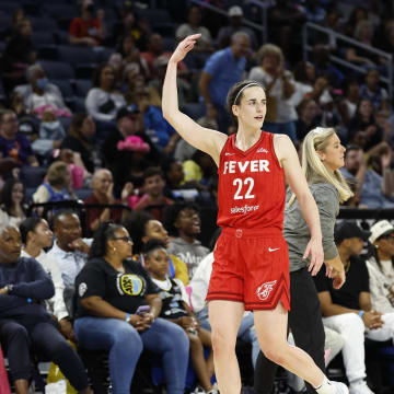 Aug 30, 2024; Chicago, Illinois, USA; Indiana Fever guard Caitlin Clark (22) reacts as she walks off the floor during the second half of a basketball game against the Chicago Sky at Wintrust Arena. 