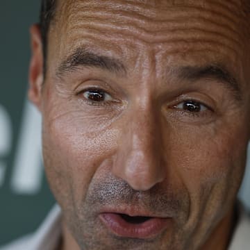 Jul 3, 2025; Chicago, Illinois, USA; Cleveland Guardians president of baseball operations Chris Antonetti speaks before a baseball game between the Chicago Cubs and Cleveland Guardians at Wrigley Field. Mandatory Credit: Kamil Krzaczynski-Imagn Images