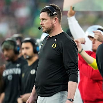 Oregon Ducks head coach Dan Lanning watches from the sideline during the College Football Playoff quarterfinal against the Ohio State Buckeyes at the Rose Bowl in Pasadena, Calif. on Jan. 1, 2025. Ohio State won 41-21.