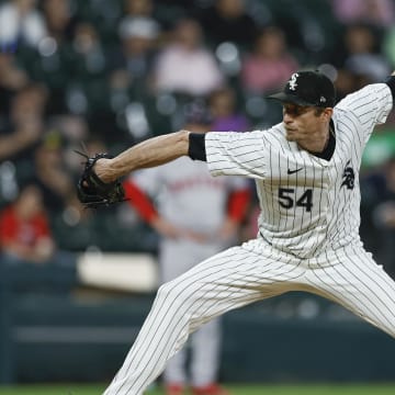 Jun 6, 2024; Chicago, Illinois, USA; Chicago White Sox relief pitcher Tim Hill (54) delivers a pitch against the Boston Red Sox during the sixth inning at Guaranteed Rate Field.