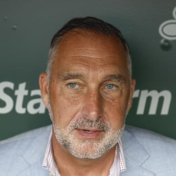 Jul 4, 2025; Chicago, Illinois, USA; St. Louis Cardinals president of baseball operations John Mozeliak speaks before a baseball game against the Chicago Cubs at Wrigley Field. Mandatory Credit: Kamil Krzaczynski-Imagn Images