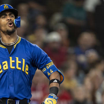 Mariners' centerfielder Julio Rodriguez (44) reacts after a called third strike during the fifth inning against the Texas Rangers at T-Mobile Park on June 14.