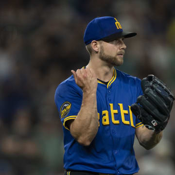 Seattle Mariners relief pitcher Austin Voth celebrates after a game against the Oakland Athletics at T-Mobile Park.