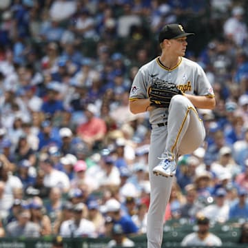 Jun 15, 2025; Chicago, Illinois, USA; Pittsburgh Pirates starting pitcher Mitch Keller (23) delivers a pitch against the Chicago Cubs during the first inning at Wrigley Field. Mandatory Credit: Kamil Krzaczynski-Imagn Images