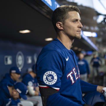 Jun 15, 2024; Seattle, Washington, USA; Texas Rangers shortstop Corey Seager (5) is pictured in the dugout before a game against the Seattle Mariners at T-Mobile Park. Mandatory Credit: Stephen Brashear-USA TODAY Sports