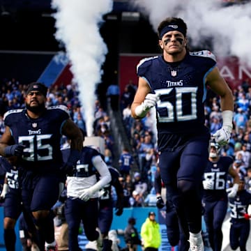 Tennessee Titans linebacker Jack Gibbens (50) heads to the field before a game against the Indianapolis Colts at Nissan Stadium in Nashville, Tenn., Sunday, Dec. 3, 2023.