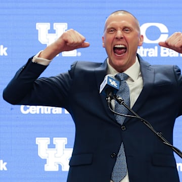 Former Kentucky basketball player and new head coach Mark Pope was animated during his announcement at Rupp Arena in Lexington Ky. on April 14, 2024.