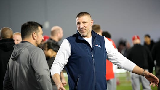 Ohio State Buckeyes head coach Ryan Day talks to New Englandf Patriots head coach Mike Vrabel during the pro day for NFL scouts at the Woody Hayes Athletic Cente on March 26, 2025.