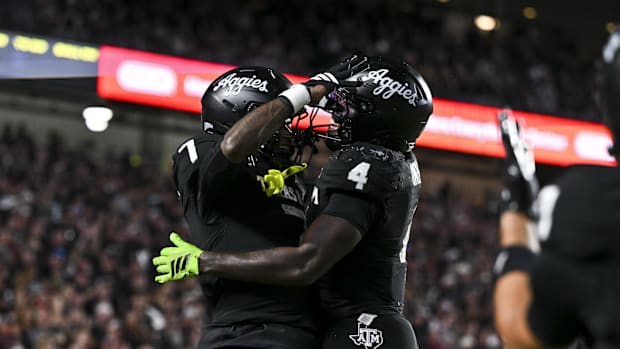 Texas A&M Aggies wide receiver KC Concepcion (7) celebrates with running back Rueben Owens II (4) after scoring.