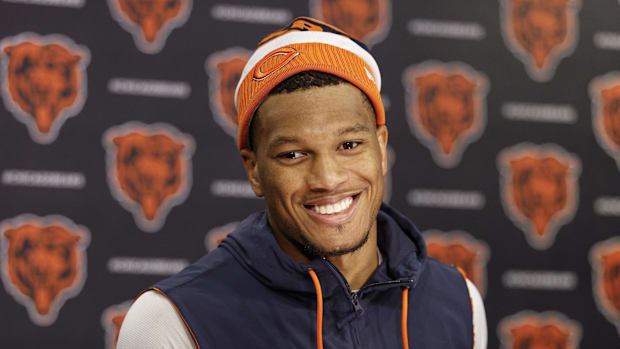 Jun 3, 2025; Lake Forest, IL, USA; Chicago Bears wide receiver DJ Moore (2) speaks during minicamp at Halas Hall. Mandatory C