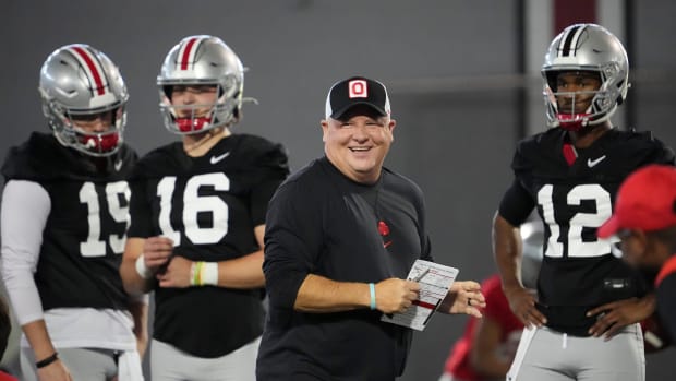 Mar 5, 2024; Columbus, OH, USA; Ohio State Buckeyes offensive coordinator Chip Kelly works with quarterbacks during the first