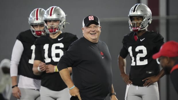 Mar 5, 2024; Columbus, OH, USA; Ohio State Buckeyes offensive coordinator Chip Kelly works with quarterbacks during the first