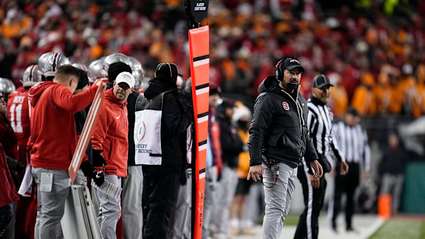 Ohio State Buckeyes head coach Ryan Day watches from the sideline during the second half of the College Football Playoff firs