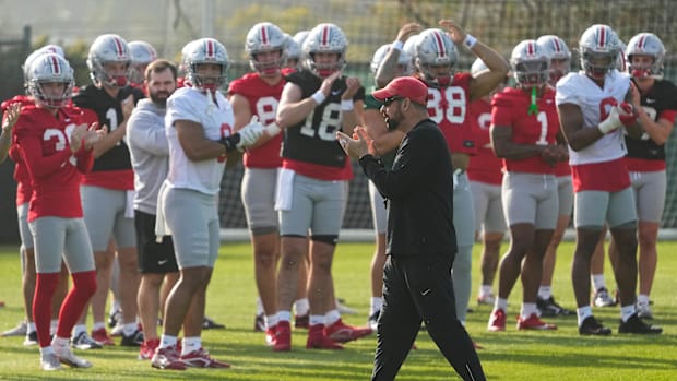 Ohio State Buckeyes head coach Ryan Day leads practice for the Rose Bowl at Dignity Health Sports Park in Carson, Calif. on D