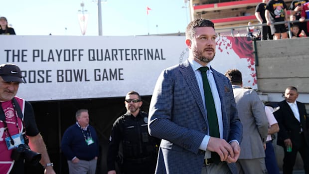 Oregon Ducks head coach Dan Lanning arrives prior to the College Football Playoff quarterfinal against the Ohio State Buckeye