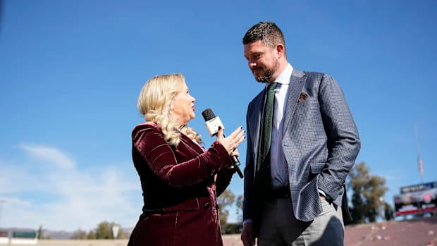 Oregon Ducks head coach Dan Lanning talks to ESPN's Holly Rowe prior to the College Football Playoff quarterfinal against the