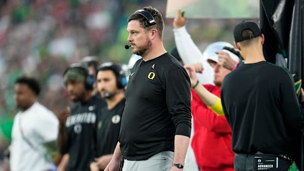 Oregon Ducks head coach Dan Lanning watches from the sideline during the College Football Playoff quarterfinal against the Oh