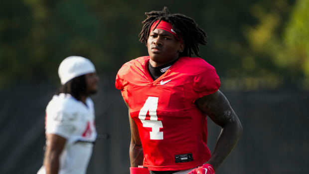 Ohio State Buckeyes wide receiver Jeremiah Smith (4) runs during football practice at the Woody Hayes Athletic Complex.