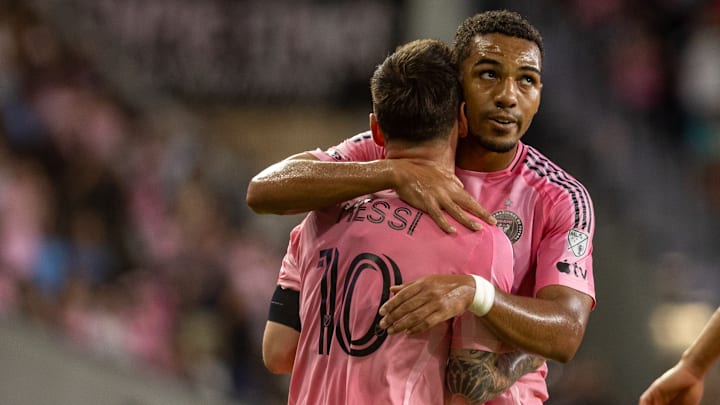 Lionel Messi and Yannick Bright celebrate a goal in Inter Miami's loss to Orlando earlier this month.