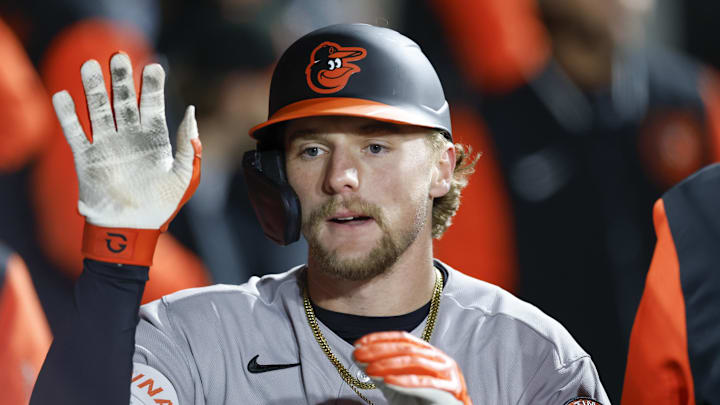 Apr 6, 2026; Chicago, Illinois, USA; Baltimore Orioles shortstop Gunnar Henderson (2) celebrates with teammates in the dugout after hitting a solo home run against the Chicago White Sox during the sixth inning at Rate Field. Mandatory Credit: Kamil Krzaczynski-Imagn Images