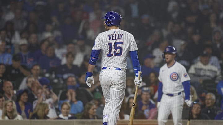 Chicago Cubs catcher Carson Kelly reacts after striking out in 2025.
