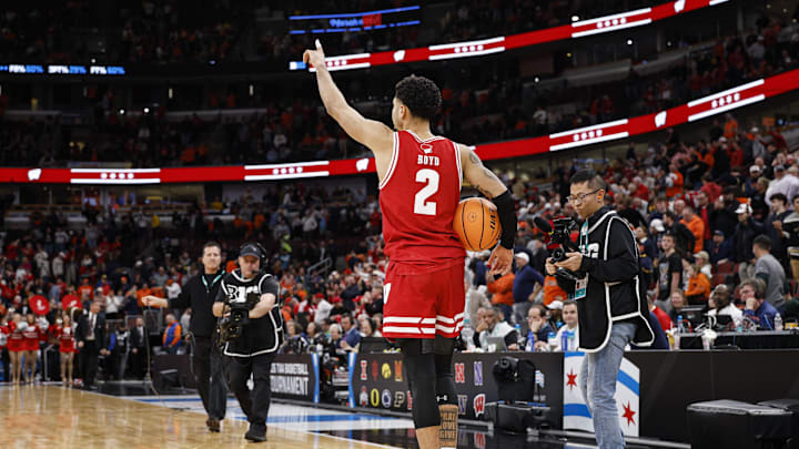 Mar 13, 2026; Chicago, IL, USA; Wisconsin Badgers guard Nick Boyd (2) celebraes after the game against the Illinois Fighting Illini at United Center. Mandatory Credit: Kamil Krzaczynski-Imagn Images