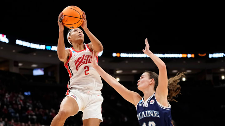 Mar 22, 2024; Columbus, OH, USA; Ohio State Buckeyes guard Taylor Thierry (2) shoots over Maine