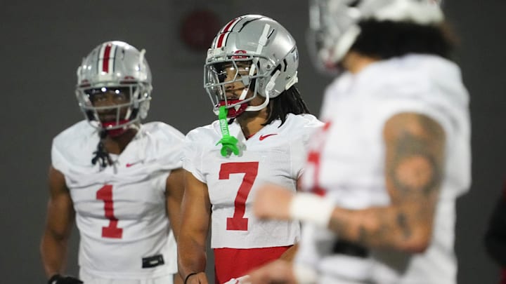 Mar 7, 2024; Columbus, OH, USA; Ohio State Buckeyes cornerback Jordan Hancock (7) works out during spring football practice at the Woody Hayes Athletic Center.
