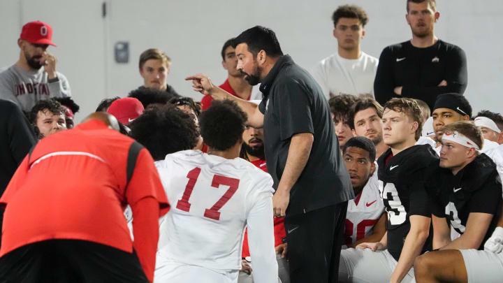 Mar 7, 2024; Columbus, OH, USA; Ohio State Buckeyes head coach Ryan Day addresses the team during spring football practice at the Woody Hayes Athletic Center.