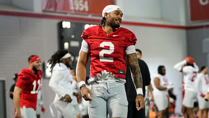 Mar 5, 2024; Columbus, OH, USA; Ohio State Buckeyes wide receiver Emeka Egbuka (2) warms up during the first spring practice at the Woody Hayes Athletic Center.