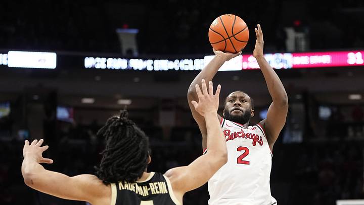Feb 18, 2024; Columbus, Ohio, USA; Ohio State Buckeyes guard Bruce Thornton (2) shoots over Purdue Boilermakers forward Trey Kaufman-Renn (4) during the NCAA men’s basketball game at Value City Arena. Ohio State won 73-69.