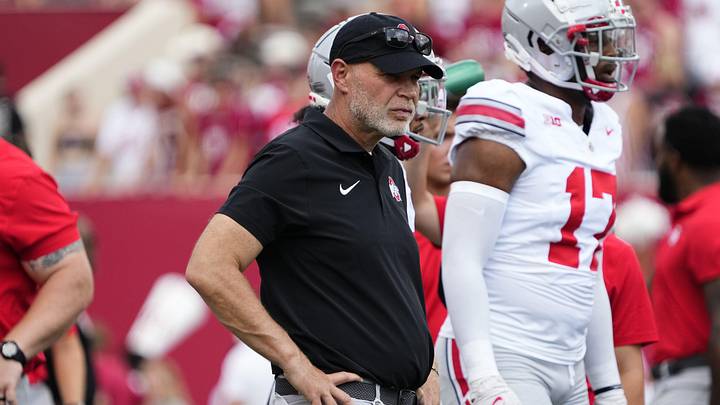 Sep 2, 2023; Bloomington, Indiana, USA; Ohio State Buckeyes defensive coordinator Jim Knowles watches warm ups prior to the NCAA football game at Indiana University Memorial Stadium. Ohio State won 23-3.