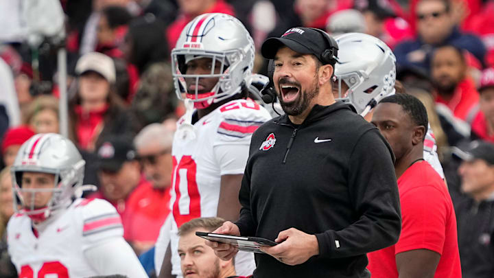 Ohio State Buckeyes head coach Ryan Day yells from the sideline during the NCAA football game against the Northwestern Wildcats at Wrigley Field in Chicago on Monday, Nov. 18, 2024. Ohio State won 31-7.