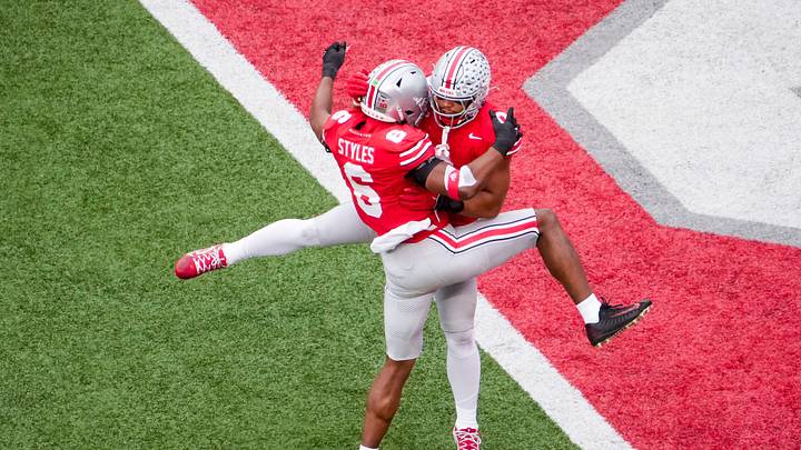 Ohio State Buckeyes safety Sonny Styles (6) celebrates with linebacker Cody Simon (0) in the first half at Ohio Stadium on Saturday, Nov. 23, 2024 in Columbus, Ohio.