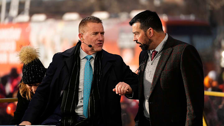 Ohio State head coach Ryan Day talks talks to Kirk Herbstreit on the set of ESPN College GameDay prior to the College Football Playoff first round game between the Ohio State Buckeyes and Tennessee Volunteers in Columbus on Dec. 21, 2024.