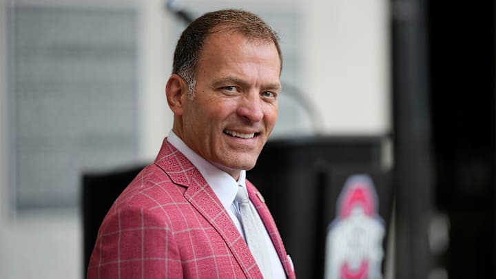 Aug 30, 2024; Columbus, OH, USA; Ohio State director of athletics Ross Bjork attends the unveiling of a statue for former Buckeyes running back Archie Griffin outside Ohio Stadium.